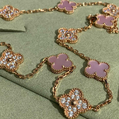 [OAKJURI Jewelry]CLOVER 10 MOTIFS DIAMOND PINK MOP NECKLACE