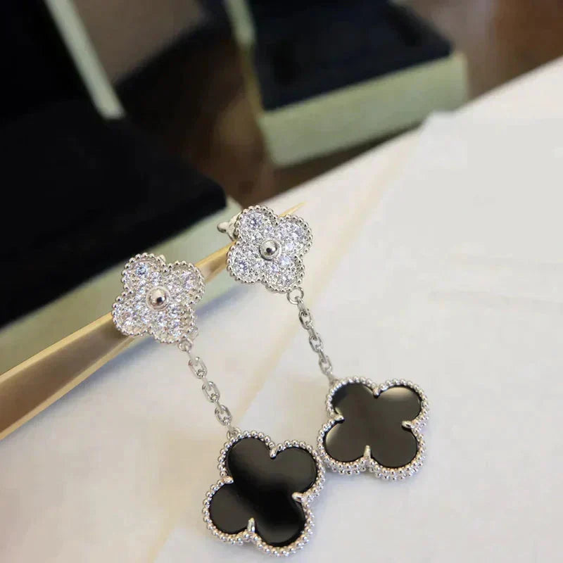 [OAKJURI Jewelry]CLOVER 2 MOTIFS  DIAMOND ONYX EARRINGS SILVER