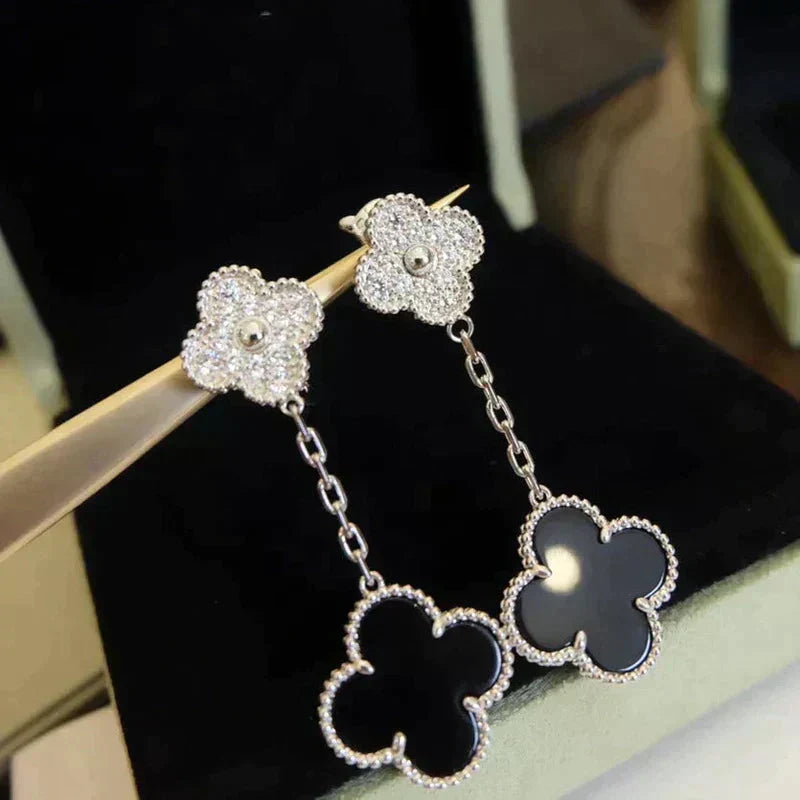 [OAKJURI Jewelry]CLOVER 2 MOTIFS  DIAMOND ONYX EARRINGS SILVER