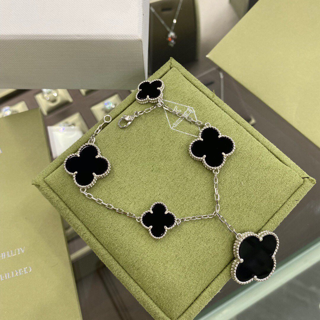 [OAKJURI Jewelry]CLOVER 5 MOTIFS SIVLER ONYX BRACELET