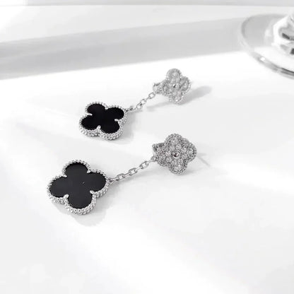 [OAKJURI Jewelry]CLOVER 2 MOTIFS  DIAMOND ONYX EARRINGS SILVER