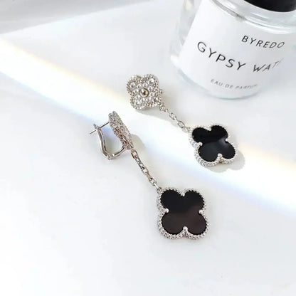 [OAKJURI Jewelry]CLOVER 2 MOTIFS  DIAMOND ONYX EARRINGS SILVER