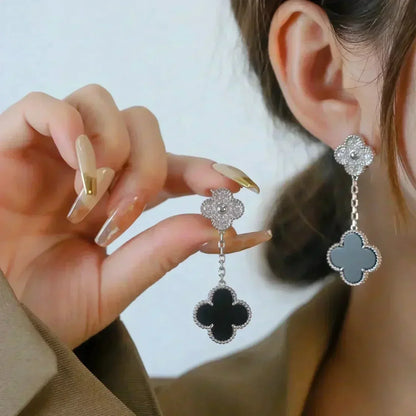 [OAKJURI Jewelry]CLOVER 2 MOTIFS  DIAMOND ONYX EARRINGS SILVER