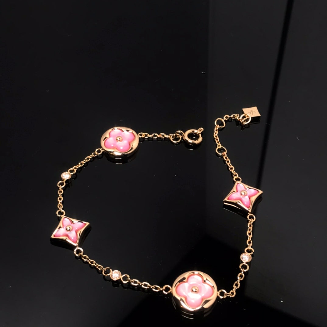 [OAKJURI Jewelry]STAR AND SUN 4 MOTIF PINK MOP PINK GOLD BRACELET