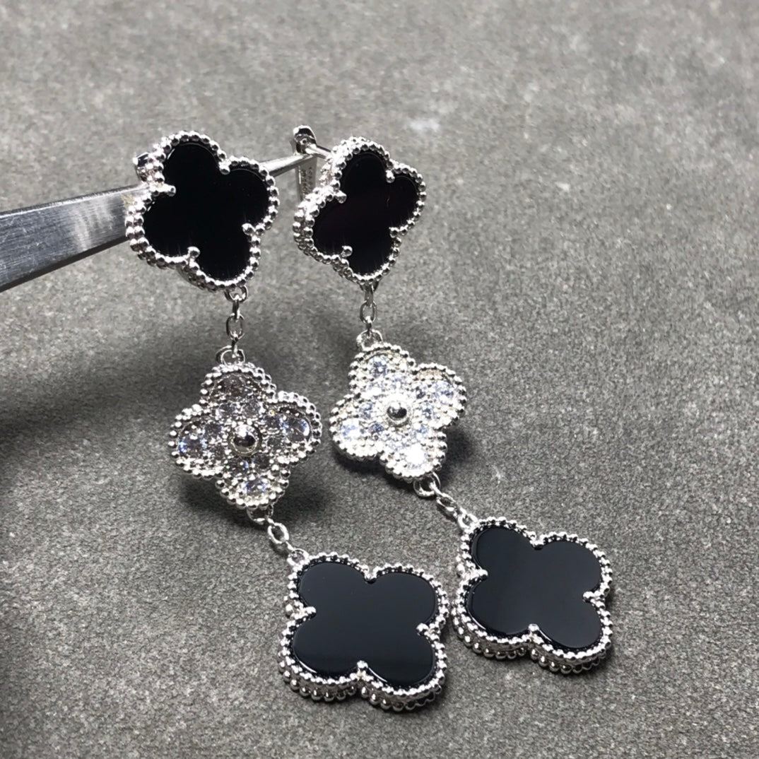[OAKJURI Jewelry]CLOVER 3 MOTIF DIAMOND ONYX SILVER EARRINGS