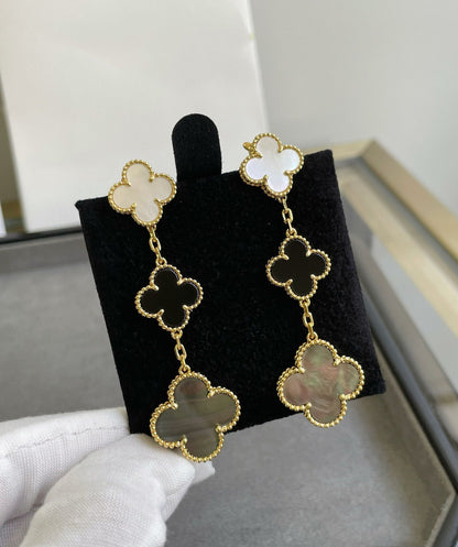 [OAKJURI Jewelry]CLOVER 3 MOTIF MOP ONYX DARK MOP PINK GOLD EARRINGS