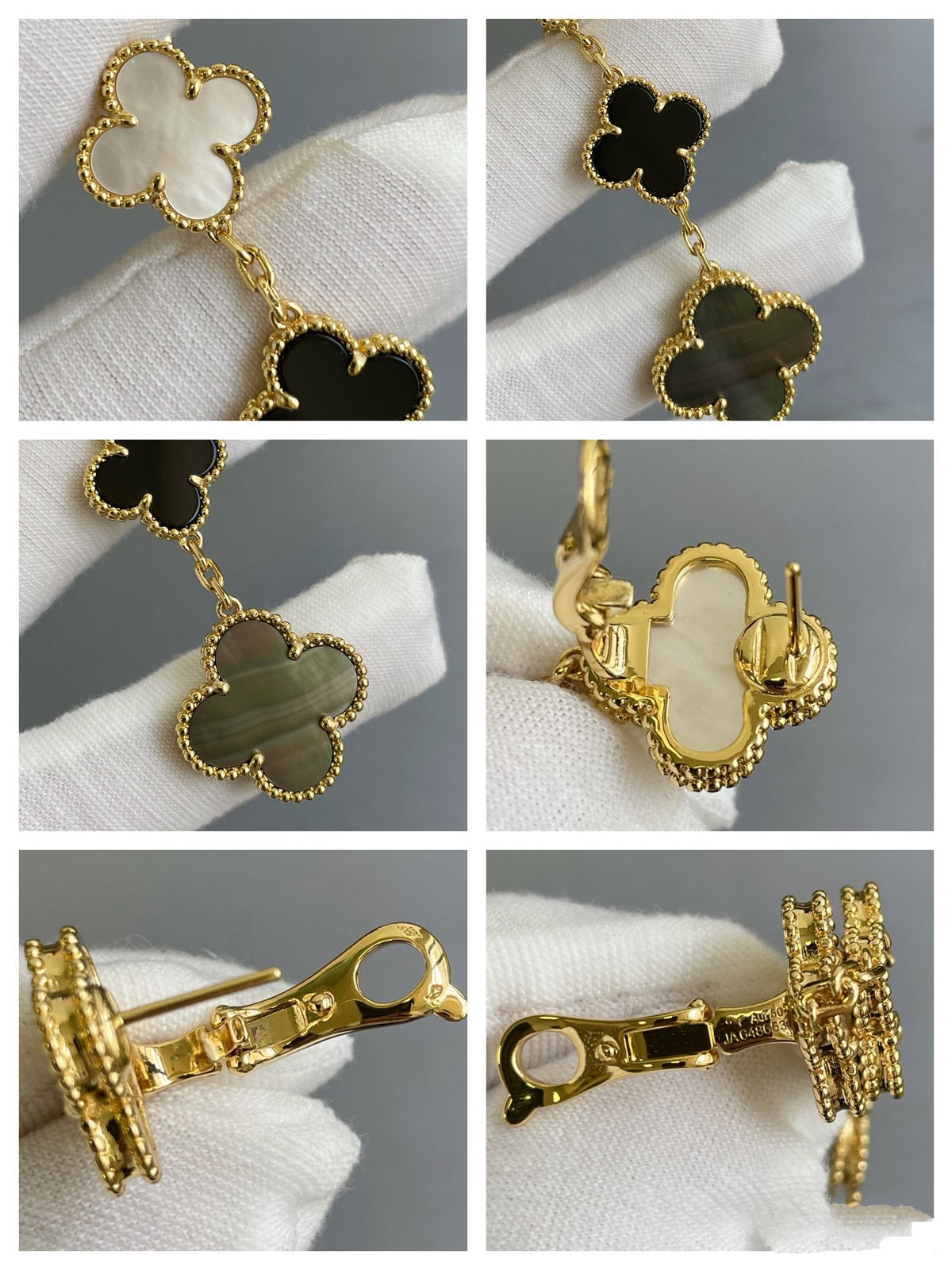 [OAKJURI Jewelry]CLOVER 3 MOTIF MOP ONYX DARK MOP PINK GOLD EARRINGS