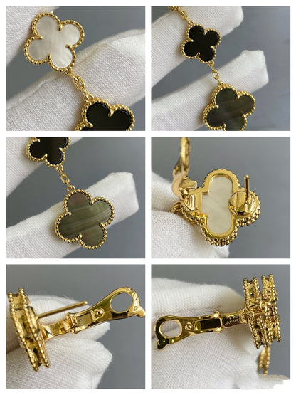 [OAKJURI Jewelry]CLOVER 3 MOTIF MOP ONYX DARK MOP PINK GOLD EARRINGS