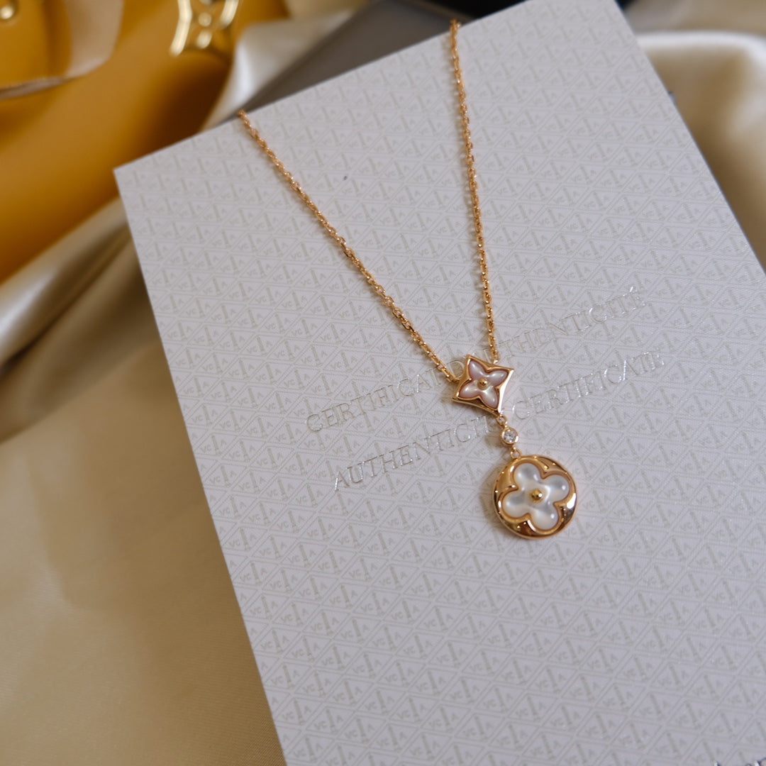 [OAKJURI Jewelry]STAR AND SUN WHITE MOP 2 MOTIF PINK GOLD NECKLACE