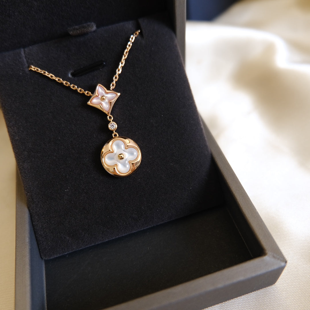[OAKJURI Jewelry]STAR AND SUN WHITE MOP 2 MOTIF PINK GOLD NECKLACE