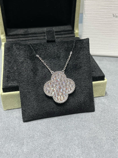 [OAKJURI Jewelry]CLOVER 25MM LARGE PENDANT DIAMOND PAVED SILVER NECKLACE