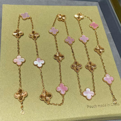 [OAKJURI Jewelry]CLOVER 20 MOTIFS LASER PINK MOP NECKLACE