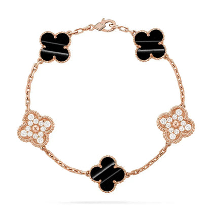 [OAKJURI Jewelry]Clover Laser  Pulsar Stone 5-Motif & LOVE Diamond-Paved Bracelet Stack Set
