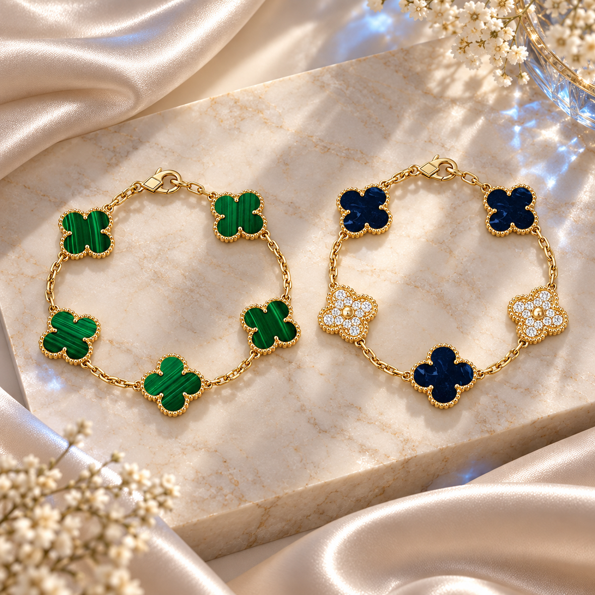[OAKJURI Jewelry]Clover 5-Motif Malachite & Pietersite Bracelet Stack Set