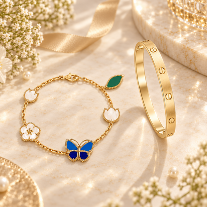 [OAKJURI Jewelry] LOVE Brushed & Lucky Spring Butterfly 5-Motif Bracelet Stack Set