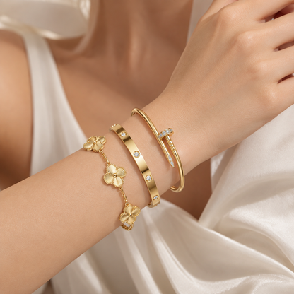 [OAKJURI Jewelry] CLASH & Clover Laser 5-Motif & LOVE Brushed Bracelet Stack Set
