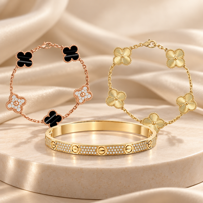 [OAKJURI Jewelry]Clover Laser  Pulsar Stone 5-Motif & LOVE Diamond-Paved Bracelet Stack Set