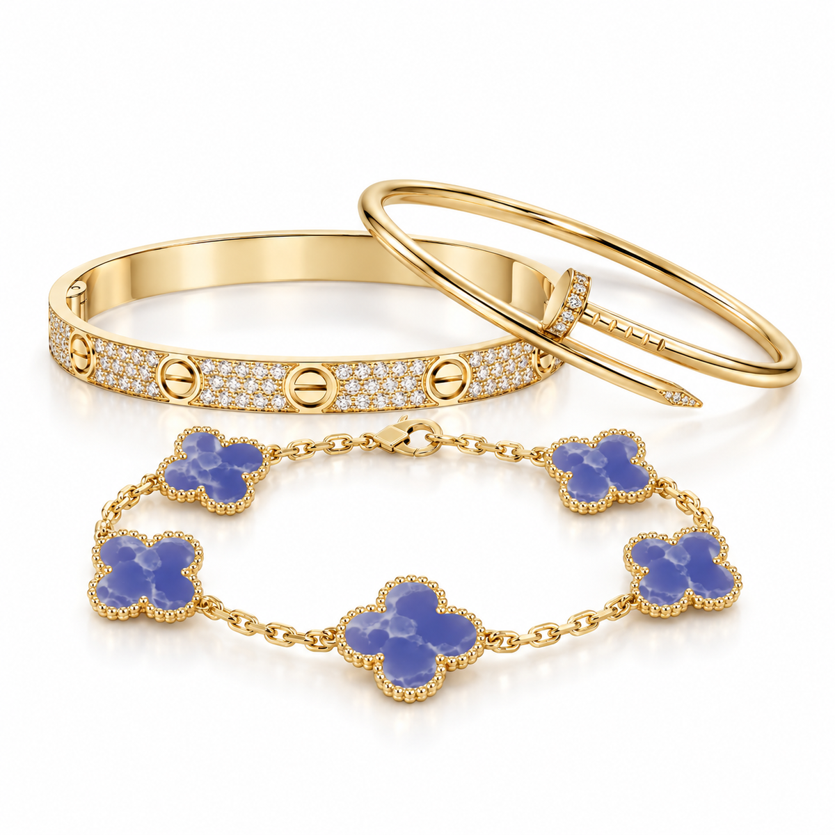 [OAKJURI Jewelry] LOVE & JUSTE & Blue Veins Clover 5-Motif Diamond Bracelet Stack Set