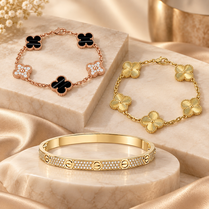 [OAKJURI Jewelry]Clover Laser  Pulsar Stone 5-Motif & LOVE Diamond-Paved Bracelet Stack Set