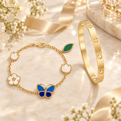 [OAKJURI Jewelry] LOVE Brushed & Lucky Spring Butterfly 5-Motif Bracelet Stack Set