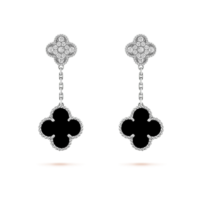 [OAKJURI Jewelry]CLOVER 2 MOTIFS  DIAMOND ONYX EARRINGS SILVER