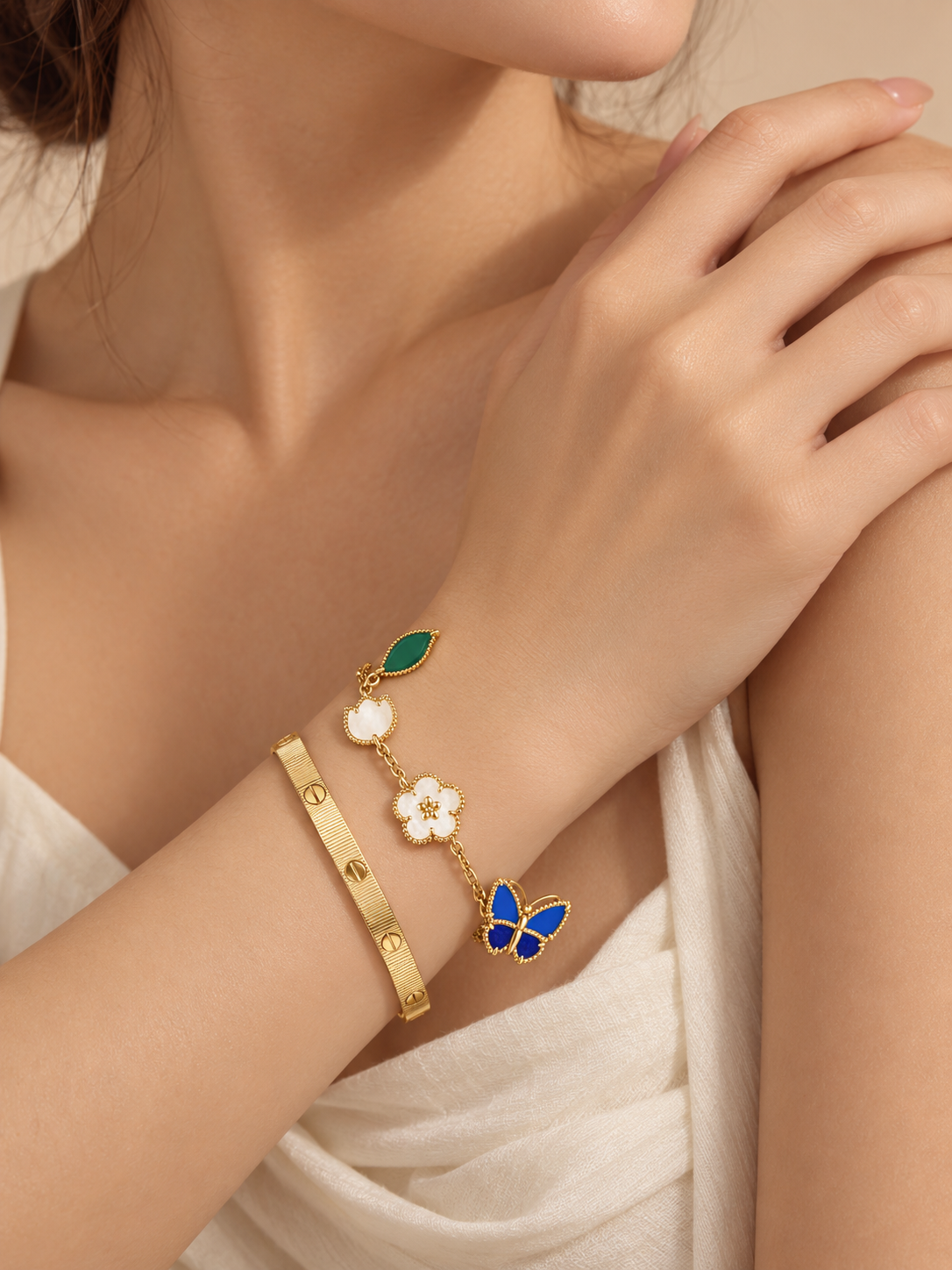 [OAKJURI Jewelry] Lucky Spring Butterfly 5-Motif & LOVE Unlimited Bracelet Stack Set