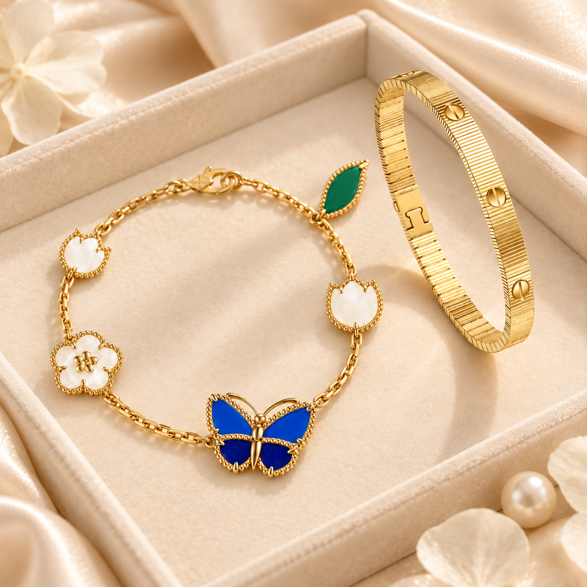 [OAKJURI Jewelry] Lucky Spring Butterfly 5-Motif & LOVE Unlimited Bracelet Stack Set