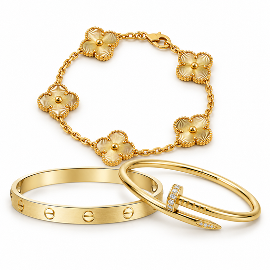 [OAKJURI Jewelry] Clover & Love & Juste 3-Piece Gold Bracelet Stack Set