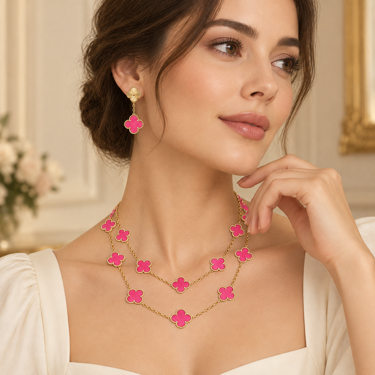 [OAKJURI Jewelry]Clover Pink Enamel Necklace & Earring Jewelry Set