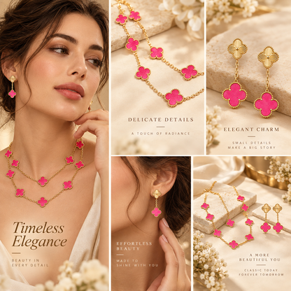 [OAKJURI Jewelry]Clover Pink Enamel Necklace & Earring Jewelry Set
