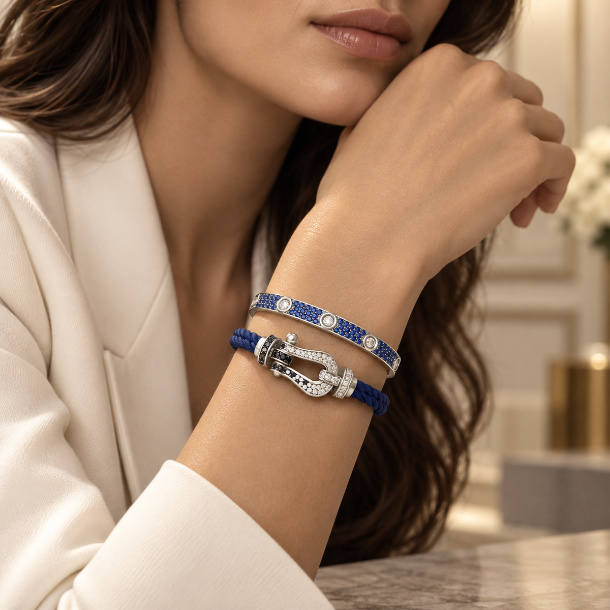 [OAKJURI Jewelry]Pave Gemstone Love &Force Large Horseshoe Diamond Duo Bracelet Stack Set