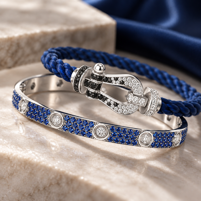 [OAKJURI Jewelry]Pave Gemstone Love &Force Large Horseshoe Diamond Duo Bracelet Stack Set