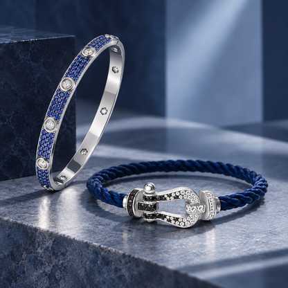 [OAKJURI Jewelry]Pave Gemstone Love &Force Large Horseshoe Diamond Duo Bracelet Stack Set