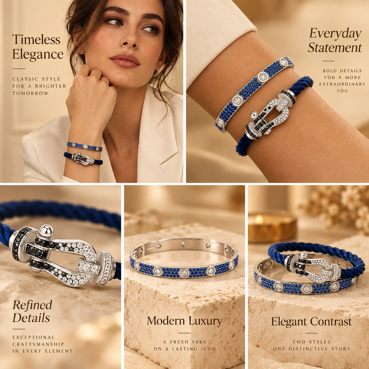 [OAKJURI Jewelry]Pave Gemstone Love &Force Large Horseshoe Diamond Duo Bracelet Stack Set