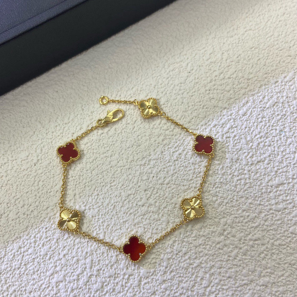 [OAKJURI Jewelry]CLOVER 6 MOTIF RED AGATE LASER BRACELET