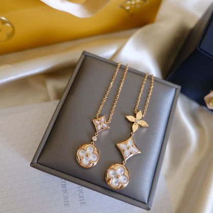 [OAKJURI Jewelry]COLOR BLOSSOM LARIAT NECKLACE PINK GOLD WHITE MOTHER PEARL AND DIAMOND