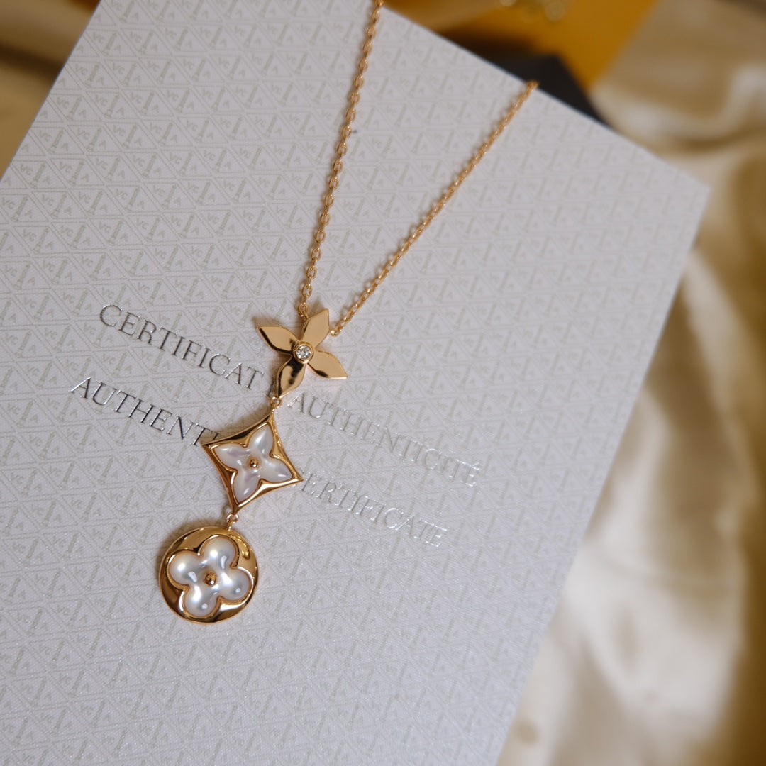 [OAKJURI Jewelry]COLOR BLOSSOM LARIAT NECKLACE PINK GOLD WHITE MOTHER PEARL AND DIAMOND
