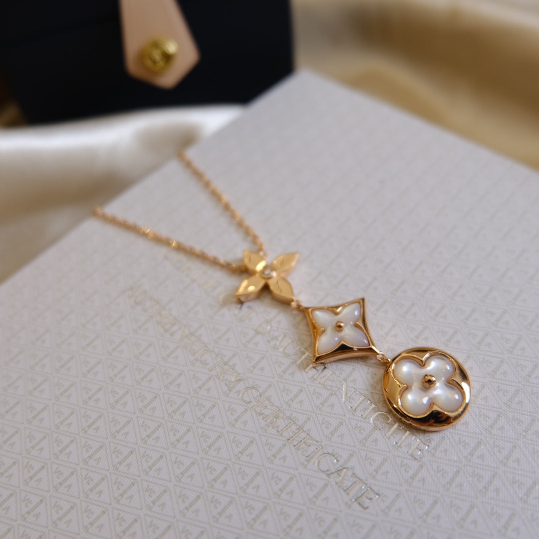 [OAKJURI Jewelry]COLOR BLOSSOM LARIAT NECKLACE PINK GOLD WHITE MOTHER PEARL AND DIAMOND