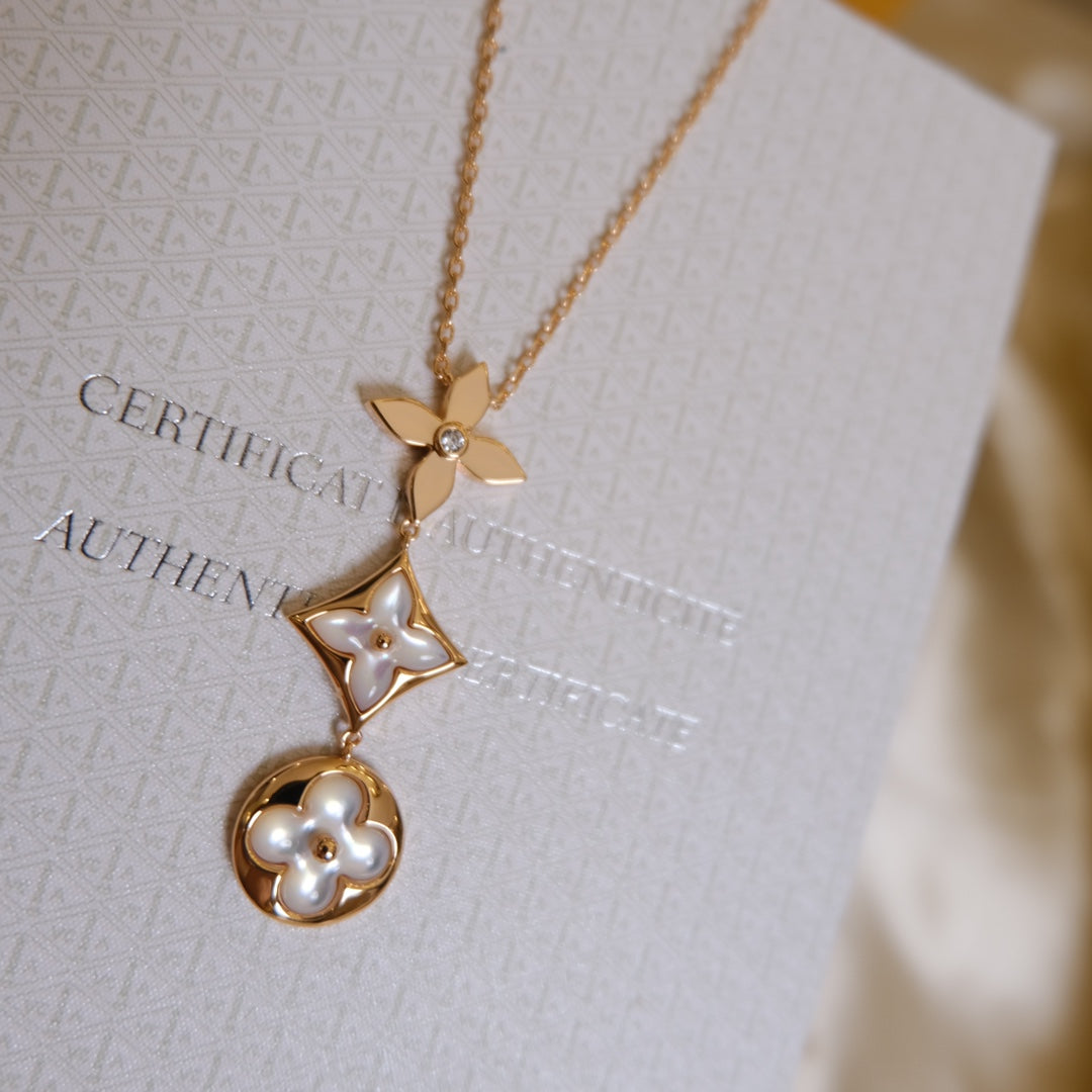 [OAKJURI Jewelry]COLOR BLOSSOM LARIAT NECKLACE PINK GOLD WHITE MOTHER PEARL AND DIAMOND