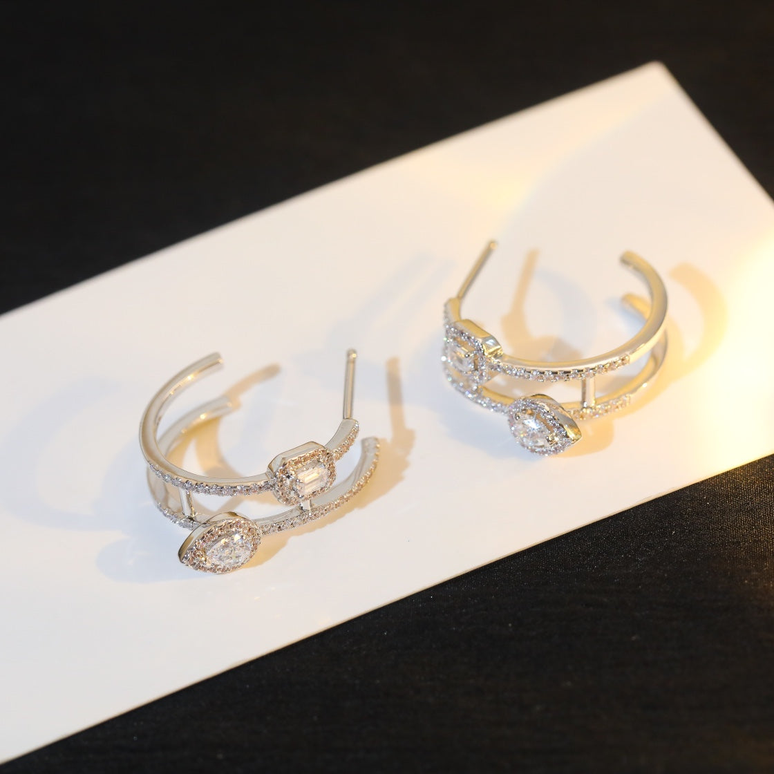 [OAKJURI Jewelry]CREOLES MY TWIN 2 RANGS SILVER DIAMOND EARRINGS
