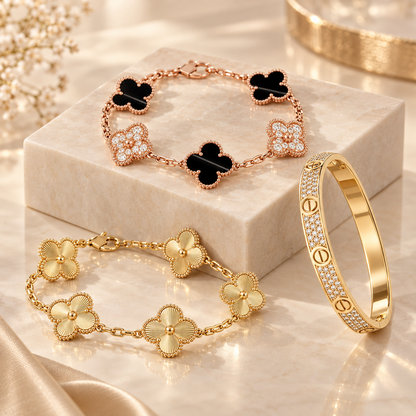 [OAKJURI Jewelry]Clover Laser  Pulsar Stone 5-Motif & LOVE Diamond-Paved Bracelet Stack Set