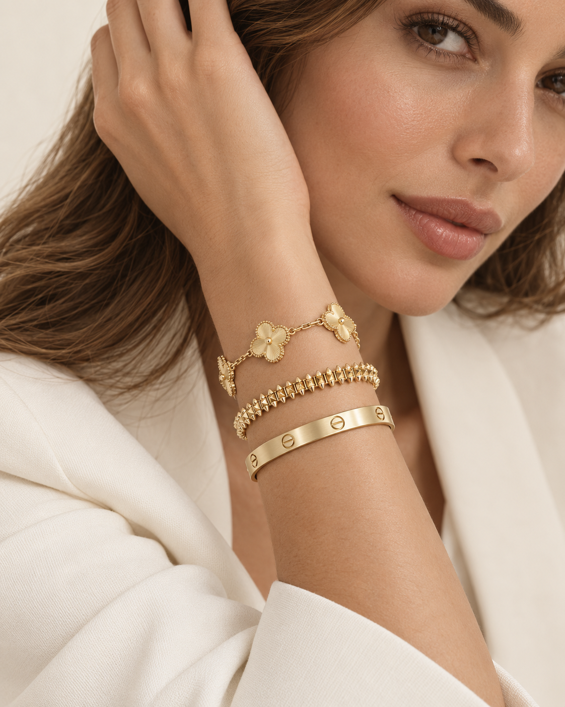 [OAKJURI Jewelry] CLASH & Clover Laser 5-Motif & LOVE Brushed Bracelet Stack Set