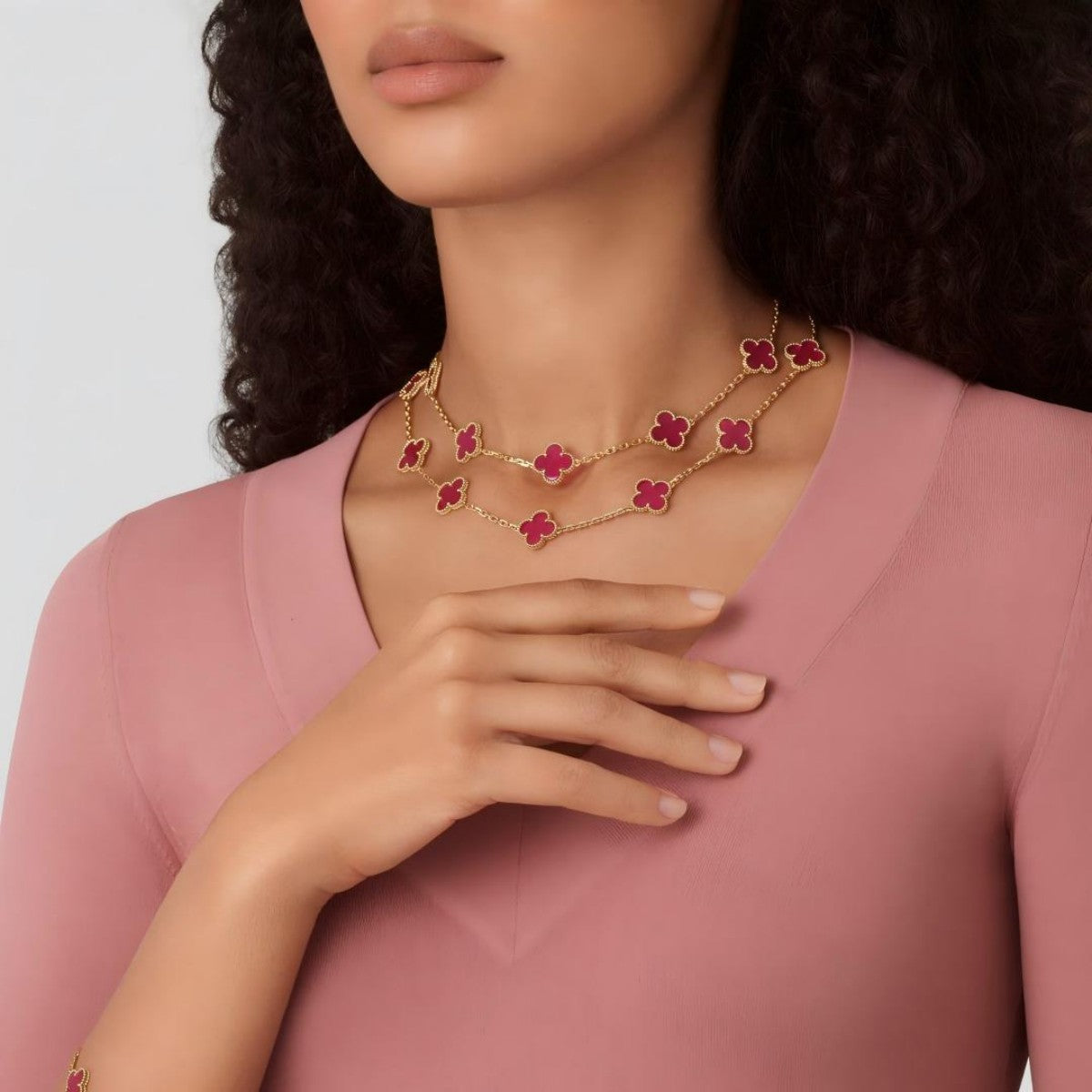[OAKJURI Jewelry] NEW CLOVER 20 MOTIFS PINK ENAMEL NECKLACE