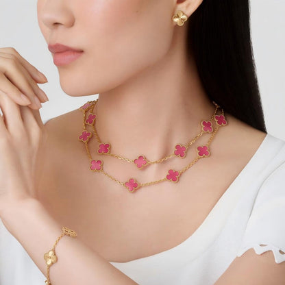 [OAKJURI Jewelry]Clover Pink Enamel Necklace & Earring Jewelry Set