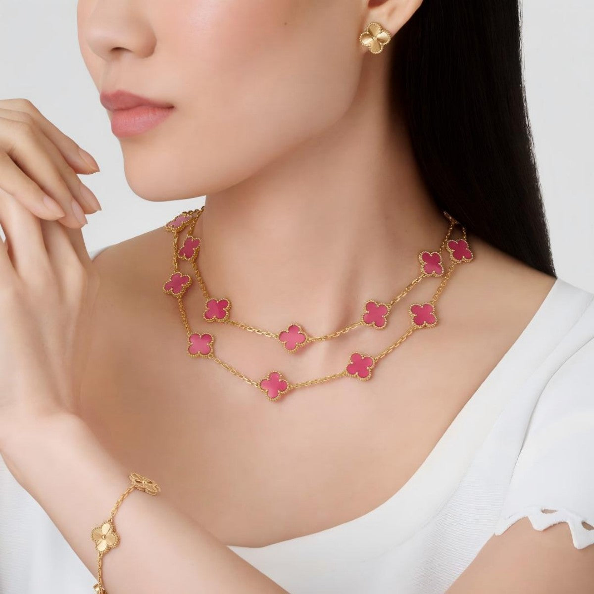 [OAKJURI Jewelry] NEW CLOVER 20 MOTIFS PINK ENAMEL NECKLACE