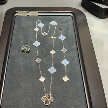 [OAKJURI Jewelry]DETACHABLE CLOVER 15(11+4) FLOWER SILVER NECKLACE SET