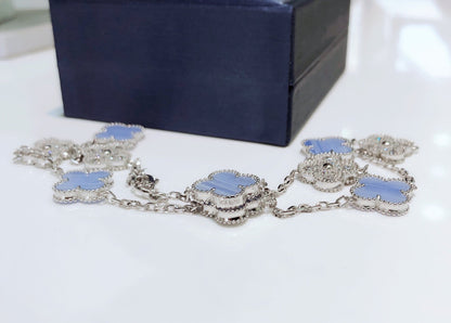 [OAKJURI Jewelry]CLOVER 10 MOTIFS CHALCEDONY DIAMONDS SILVER NECKLACE