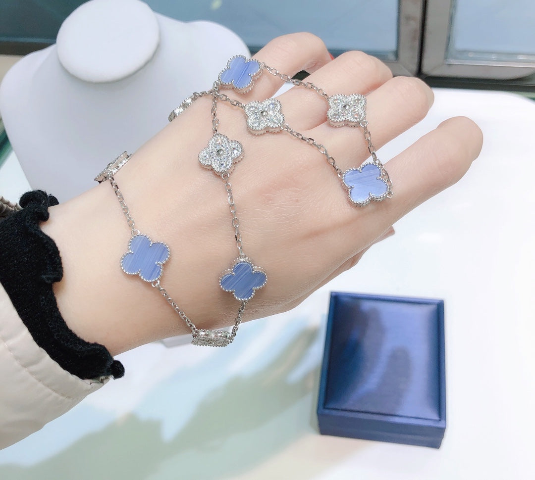 [OAKJURI Jewelry]CLOVER 10 MOTIFS CHALCEDONY DIAMONDS SILVER NECKLACE