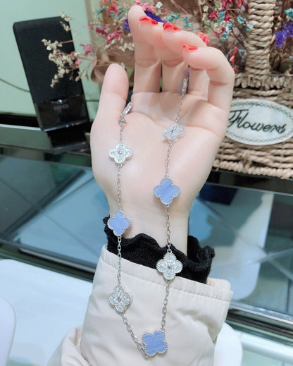 [OAKJURI Jewelry]CLOVER 10 MOTIFS CHALCEDONY DIAMONDS SILVER NECKLACE